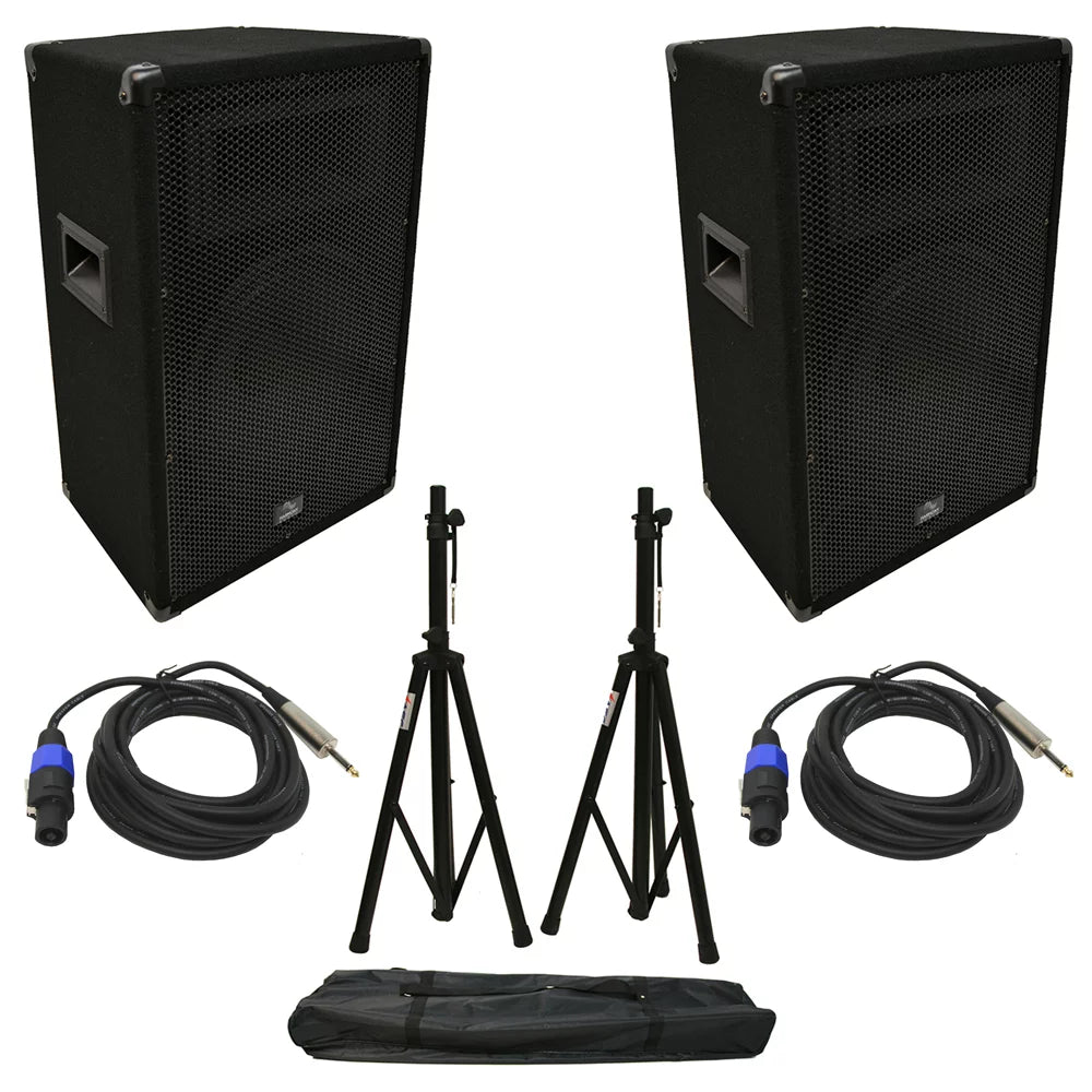 (2) Harmony Audio HA-V12P DJ 12" 450W PA Speaker Speakon to 1/4" Cables & Stands