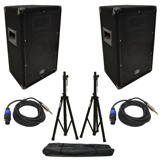 (2) Harmony Audio HA-V10P DJ 10" 300W PA Speaker Speakon to 1/4" Cables & Stands